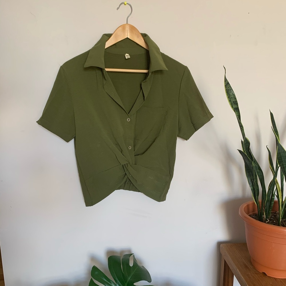 Olive Green Crop Top Blouse Summer Shirt